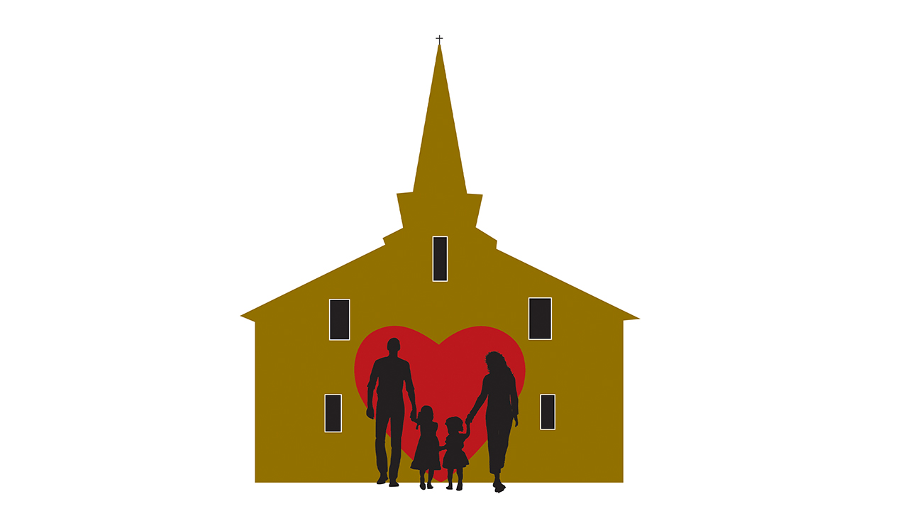 church clipart with heart and family in front of it